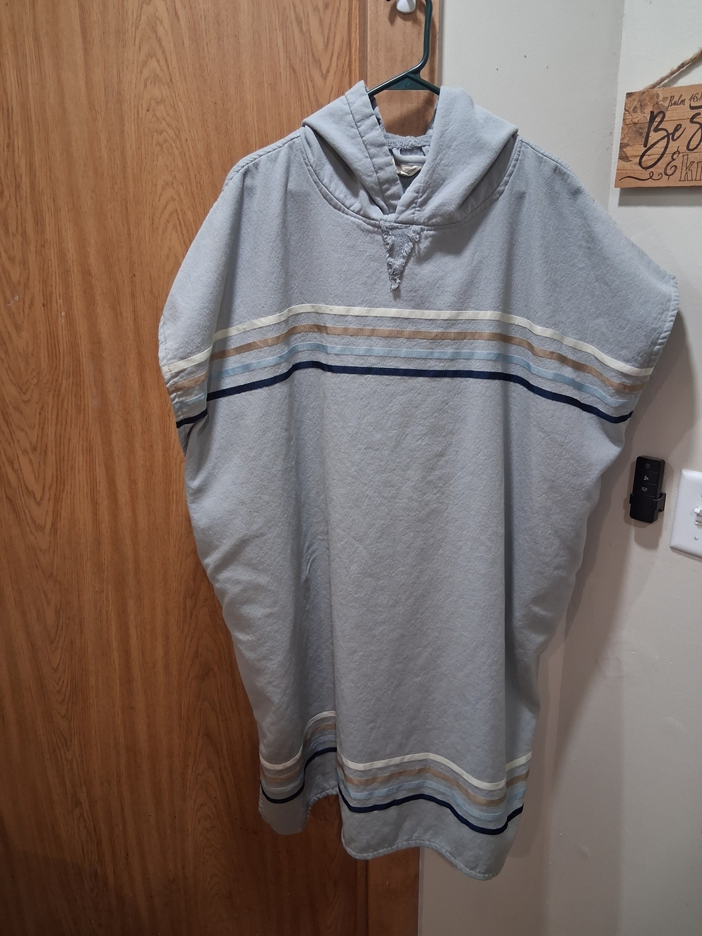 Light Gray Hooded Poncho with Striped Accent
